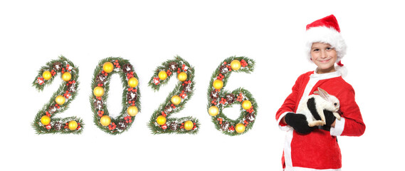 Boy Dressed as Santa Claus Holding Rabbit Beside Christmas New Year 2026 Evergreen Branch Number Decoration on white background