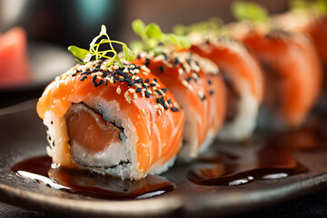 Sushi rolls displayed on a black stone plate with sauce and garnishes in a modern restaurant setting