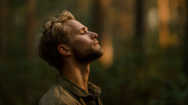 A tranquil moment in nature, featuring a man with closed eyes, beard, and blonde hair, soaking in the serene atmosphere and warm golden light of a forest.