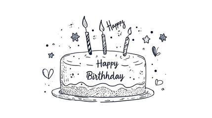 A sketched birthday cake with candles and happy birthday text on a black background with stars