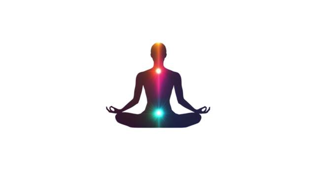 Silhouette of a person meditating with glowing chakras on a black background in a lotus position