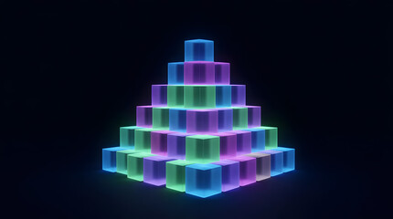 A pyramid of glowing cubes in shades of pink, blue, and green stands against a black backdrop, creating a mesmerizing and futuristic visual display