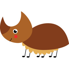 Brown Cartoon Dinosaur Insect with Horn and Red Cheeks on Transparent Background