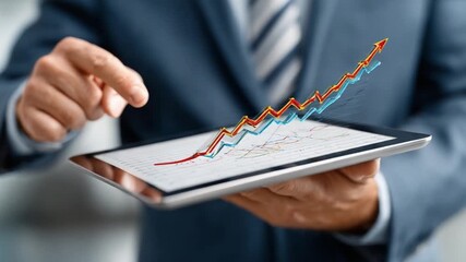Analyzing Business Growth: A businessperson's hand interacts with a digital tablet displaying an upward trending graph - Powered by Adobe