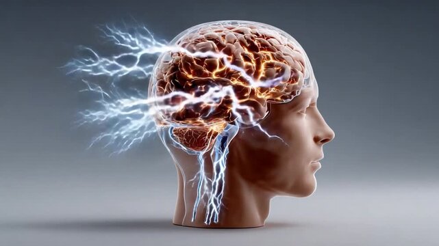 Mind's Electrical Spark: A thought-provoking conceptualization of the human brain, illuminated with electrifying bursts of energy, depicting the dynamic activity that occurs within.