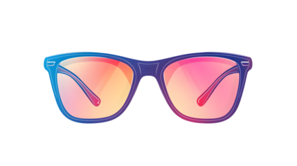 Isolated illustration of blue framed glasses with pink and orange gradient lenses on black background