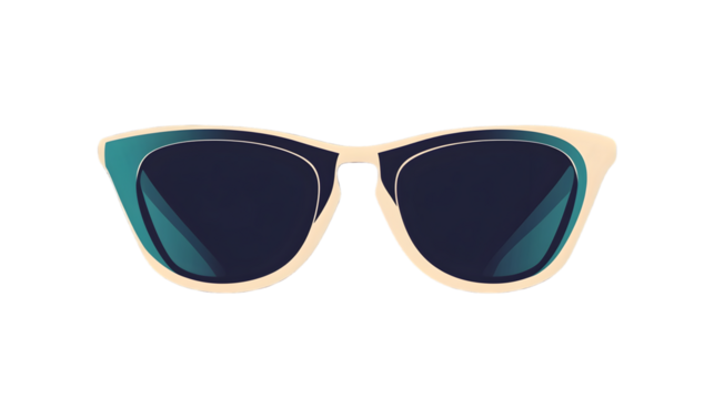 Illustration of sunglasses with a cream colored frame and dark lenses on a black background