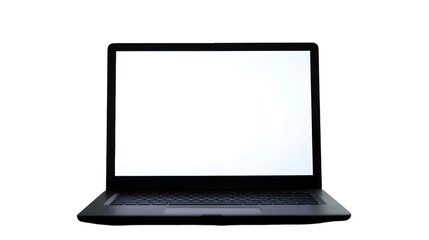 Laptop with a blank white screen against a black background in a dimly lit environment setup