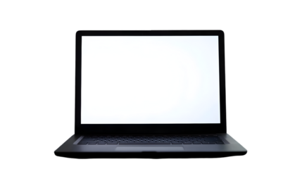 Laptop with a blank white screen against a black background in a dimly lit environment setup