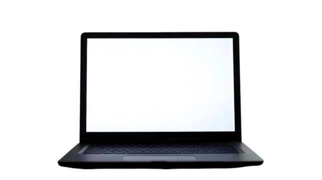 Laptop with a blank white screen against a black background in a dimly lit environment setup