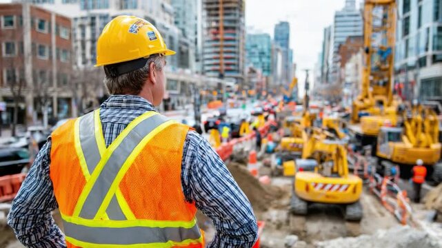 Construction Supervisor on Site: A seasoned construction supervisor, clad in a safety vest and helmet, surveys the bustling urban construction site with focused expertise and meticulous attention. 