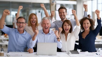 Excited Team in Office Celebrating: A diverse team of colleagues celebrates a success in a modern office environment, with raised fists, smiling faces, and expressions of excitement.
