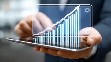 Financial Growth in Hand: A professional in a suit, expertly holding a digital tablet with a holographic chart displaying upward financial growth, demonstrating innovation in finance.