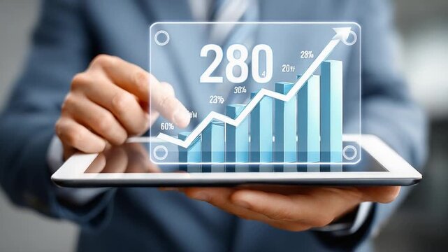 Business Growth Visualization: A professional in a suit presents a digital data chart illustrating rising financial performance, using a modern tablet to visualize concepts of success.