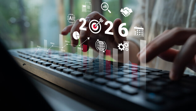Bar graphs, charts, and number 2026 with AI and data analysis icons symbolizing future business innovation and analytics Parse