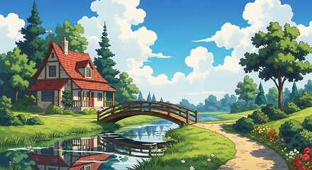 Picturesque anime landscape with a cozy cottage, arched wooden bridge over a reflective river, lush greenery, and blooming flowers.