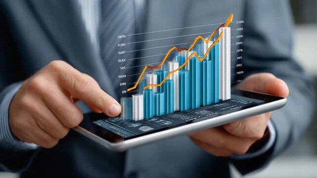 Financial Growth in Hand: A professional's touch unveils the dynamic ascent of financial trends on a modern tablet, the graph charts a path of success and strategic insights.