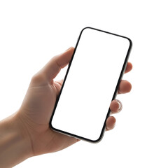 A person's hand holding a modern smartphone with a blank white screen, isolated on a white background.