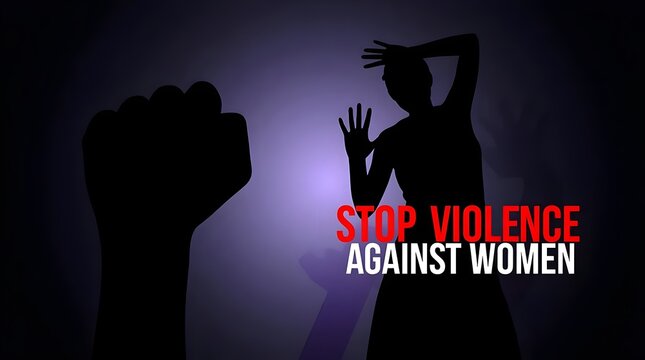 Raise awareness to stop violence against women with a silhouette of a woman defending herself and a fist symbolizing resistance and empowerment