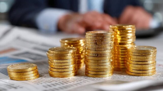 Pile of Gold Coins in Investment Analysis: A collection of shimmering gold coins, stacked in ascending order, rests upon a detailed financial report, hinting at prudent investment strategies. 