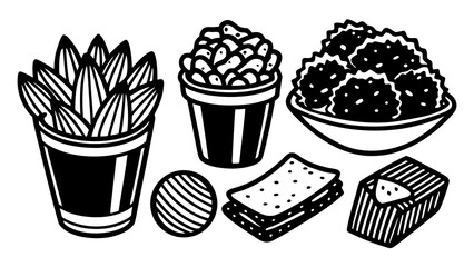 Hand drawn doodle vector icons set chicken nuggets dips and snacks scalable eps
