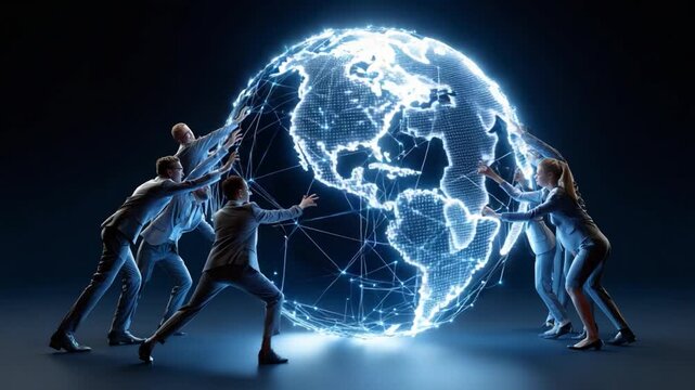 Global Network Connectivity: A collaborative group unites to propel a glowing digital globe, symbolizing interconnectedness, progress, and the digital era.