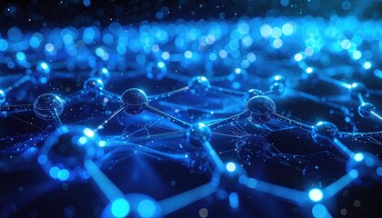 Abstract 3D glowing molecular structure with nodes and connections against dark background