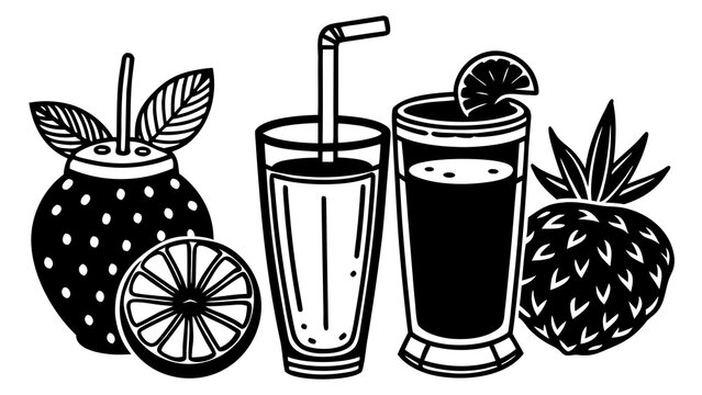 Hand drawn doodle vector set of fresh fruit juices and milk drinks