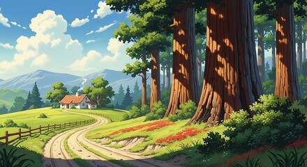 Charming anime landscape featuring a cozy house, winding road, lush green fields, and a towering forest under a clear sky.