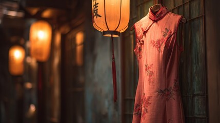 A traditional Chinese dress hanging in a dimly lit room with lanterns, featuring intricate floral patterns and a red hue, with a wooden lattice window in the background.