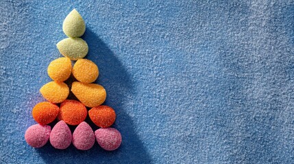 A colorful, rainbow-colored candy tree made of multicolored candies on a blue background with a shadow.
