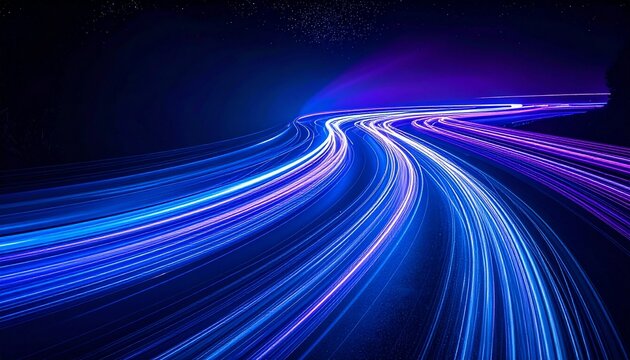 High-End Photography of Fantastic Blue and Purple Light Trails Creating a Dynamic Illusion on a Black Background - Powered by Adobe