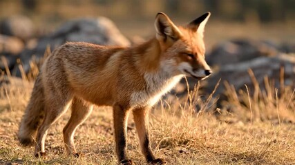 A red fox stands alert in a field, illuminated by warm sunlight. Its fur is dense, and it has an attentive gaze