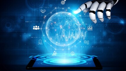 AI connecting global business network, processing data exchange, analyzing economic trends, and supporting digital infrastructure through intelligent worldwide systems. Marrow