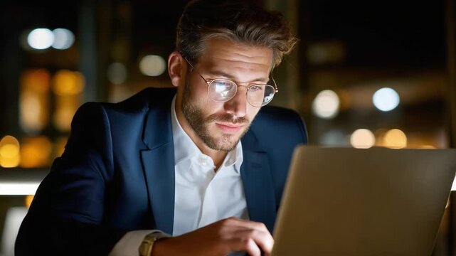 Focused Business Insight: A man with glasses, immersed in his work, diligently navigates his laptop in a dimly lit setting, capturing the dedication required for late-night productivity.