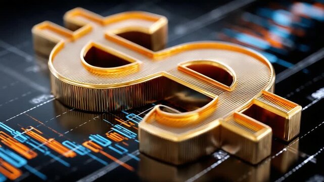 Golden Dollar Symbol on Financial Charts: A close-up shot of a golden dollar symbol resting atop a complex array of financial charts, embodying the concept of monetary success and market dynamics.