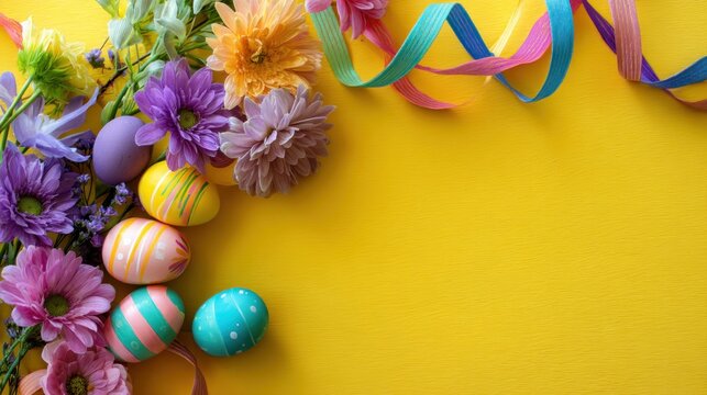 A vibrant display of colorful Easter eggs and flowers on a yellow background, with a festive ribbon and a few scattered petals. - Powered by Adobe