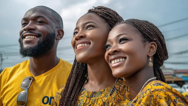 Smiles of Optimism: A joyful trio, radiating warmth and togetherness, gazes towards the horizon, their faces mirroring hope and optimism for the future.
