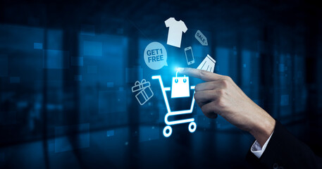 Glowing shopping cart with sale tags, clothing, and mobile items representing online retail...