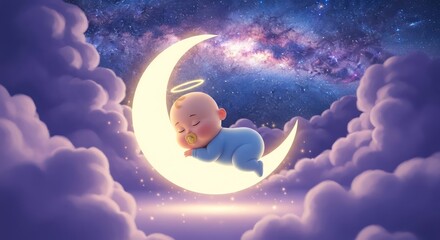 A dreamy illustration of a serene baby sleeping on a glowing crescent moon in celestial clouds