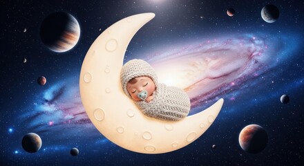 A dreamy scene of a baby peacefully sleeping on a crescent moon amidst the cosmos