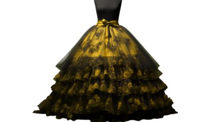 Elegant Black & Gold Tiered Gown for Formal Evening Wear on transparent background png