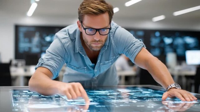 Focused Innovation: A concentrated figure, clad in contemporary attire and spectacles, delves into interactive technology displayed on a touch screen interface within a forward-thinking.