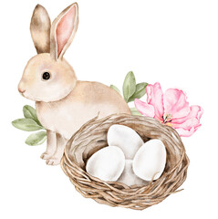 Watercolor illustration of an Easter rabbit near a nest with eggs and soft flowers. Suitable for postcards, holiday prints, packaging, posters, and seasonal decorative projects.