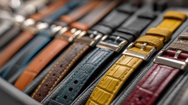 A collection of colorful leather watch straps in various colors and textures.