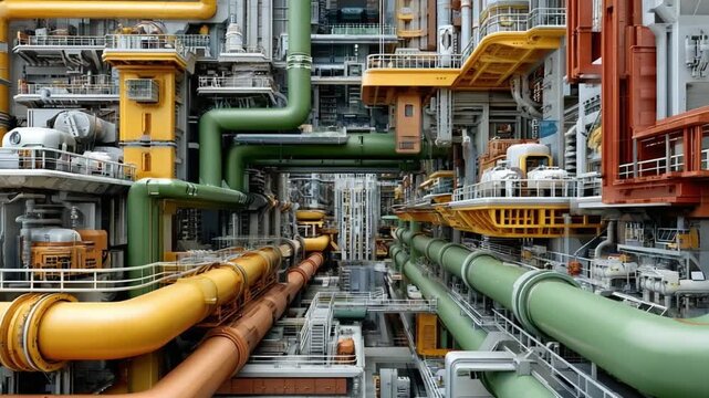 Industrial Pipe Network: An intricate network of colorful industrial pipes snakes through a complex infrastructure, creating a visually compelling display of engineering prowess and industrial might.