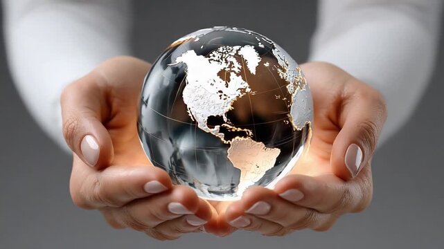 Global Embrace: Two hands delicately cradle a luminous glass globe, representing the care and protection of our planet and the shared responsibility for its well-being.