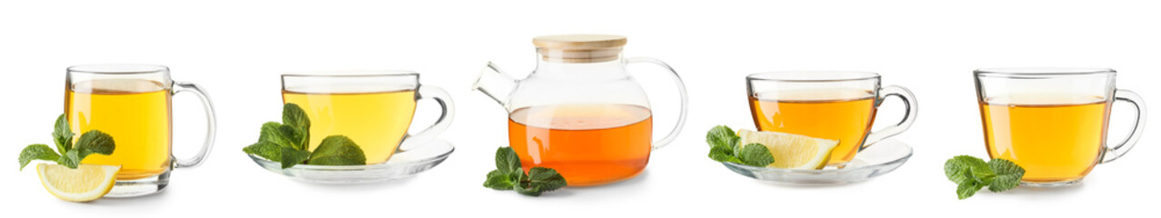 Set of  hot mint tea on white background