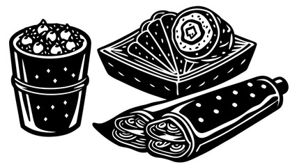 Vector doodle illustration of egg rolls paratha food set scalable eps icon