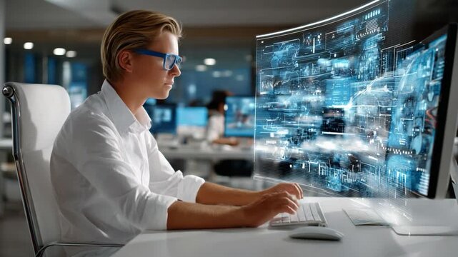 Cybersecurity in Action: A focused specialist, absorbed in his work, monitors digital infrastructure and network security, securing sensitive data.